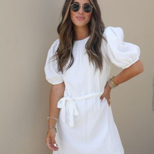 Pure Sweetness Textured Puff Sleeve Tie Waist Mini Dress