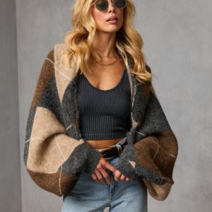 Marenne Cropped Argyle Print Cardigan