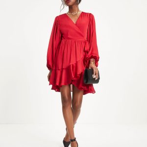 Whitney Satin Wrap Ruffle Mini Dress