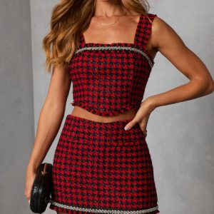 Fionne Frayed Rhinestone Trim Plaid Top