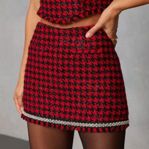 Fionne Frayed Rhinestone Trim Plaid Mini Skort