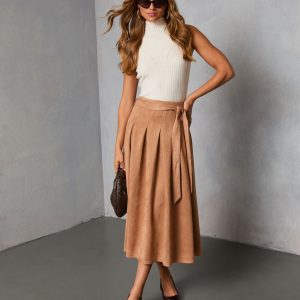 Table Ready Suede Waist Tie Pleated Midi Skirt