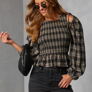 Veralie Smocked Plaid Peplum Top