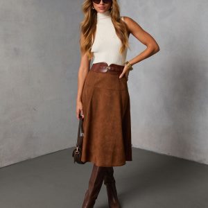 Burnt Maple Belted Suede Midi Skirt