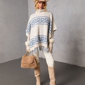Maly Abstract Fringe Trim Poncho Sweater