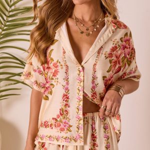 Hibiscus Haze Abstract Printed Button Up Top