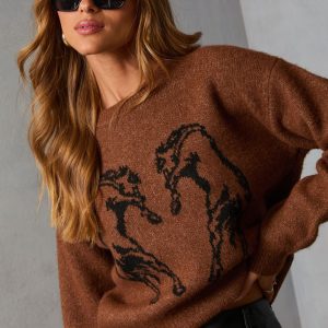 Quiet Crisp Intarsia Knit Horse Sweater