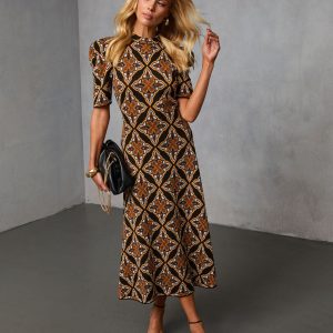 Olivyne Printed Mock Neck Knit Midi Dress