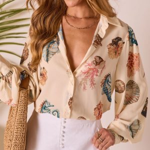 Ocean Whisper Sea Life Print Button Up Top