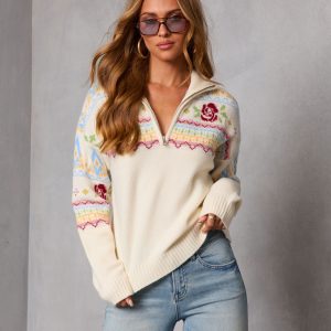 Snowy Delight Fair Isle Quarter Zip Sweater