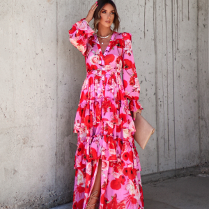 Mon Cheri Floral Chiffon Tiered Belted Maxi Dress