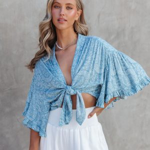 Coastal Waves Printed Front Tie Top