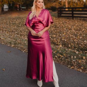 Theia Satin V-Neck Maxi Dress