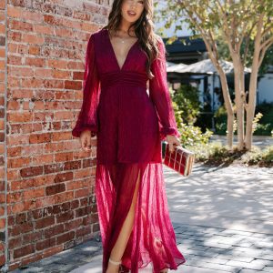 Loretta Plisse Metallic Balloon Sleeve Maxi Dress