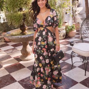Cambria Satin Floral Puff Sleeve Maxi Dress