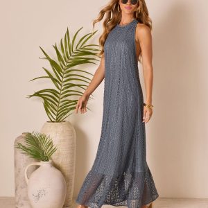 Ocean Wave Crochet Halter Maxi Dress