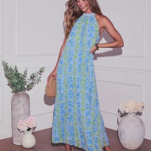 Vaughn Floral Pleated Halter Maxi Dress