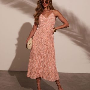 Sunset Kiss Pleated Floral Midi Dress