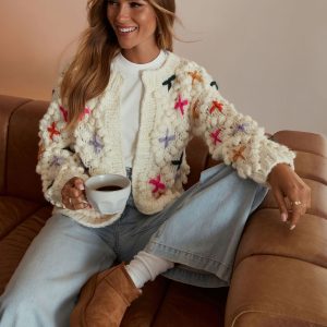 Cozy Moments Embroidered Pom Pom Cardigan