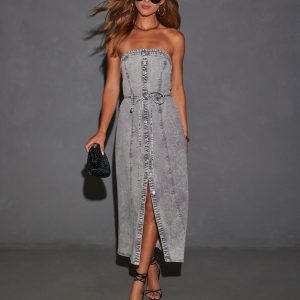 Peggy Button Front Strapless Denim Maxi Dress