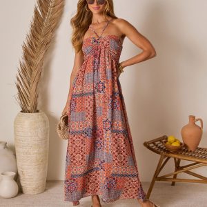 Eliora Tropical Print Halter Maxi Dress