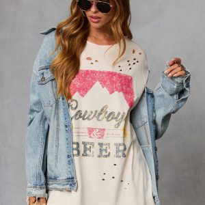 Cowboys and Beer Distressed Oversized Graphic Tee