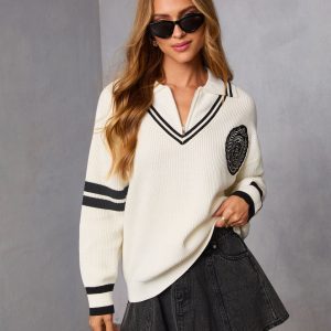 Jiles Embroidered Crest Partial Zip Sweater