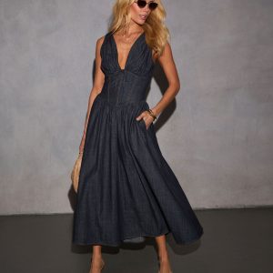 Cherri Fit And Flare Denim Midi Dress