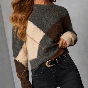 Smoky Cedar Contrast Argyle Print Crew Neck Sweater