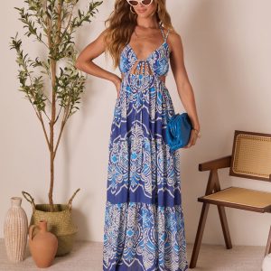 Island Escape Printed Cutout Halter Maxi Dress