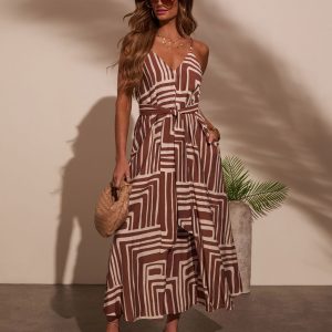 Daylight Drift Geo Print Waist Tie Midi Dress