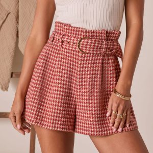 For The Record Houndstooth Belted Shorts