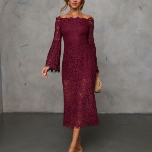 On Your Mind Off Shoulder Lace Midi Dress