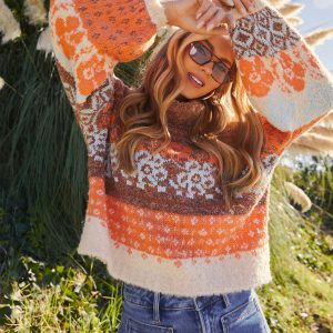 Monet Knit Printed Turtleneck Pullover Sweater