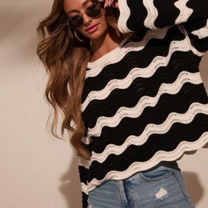 Janerio Wavy Striped Crochet Sweater