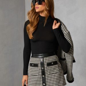 Holiday Elm Contrast Vegan Leather Trim Houndstooth Mini Skort