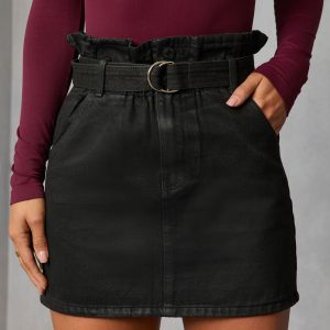 Corienne Coated Denim Paper Bag Waist Mini Skirt
