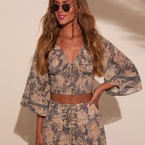 Moonlit Bloom Bust Tie Peasant Top
