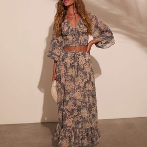 Moonlit Bloom Lace Up Maxi Skirt