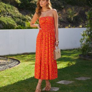 Lynelle Strapless Floral Smocked Midi Dress