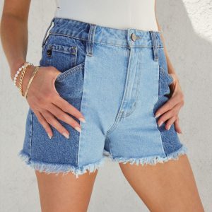 Jessica Two Tone High Waisted Frayed Hem Jean Shorts