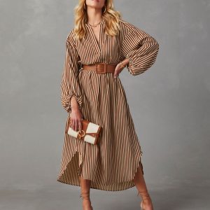 Dimarco Striped Pocketed Belted Midi Dress