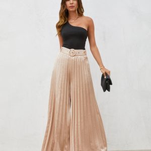 True Elegance Satin Pleated Belted Wide Leg Pants